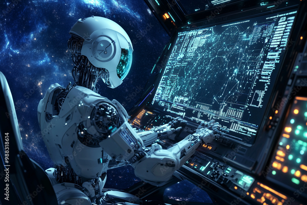 Aufkleber robot is sitting in front of a computer monitor, which is displaying a starry sky. the robot appears