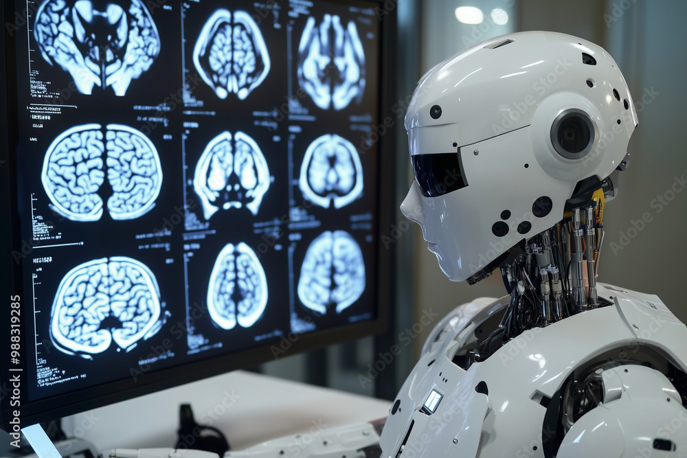 Poster robot is reading a tablet while looking at a series of brain scans. the robot appears to be focused 