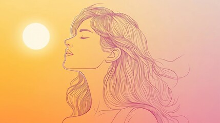 Line art illustration featuring a warm gradient design of a serene woman in a cartoon style