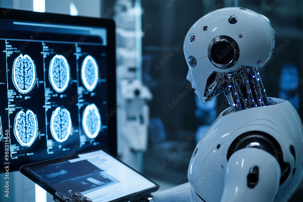 Aufkleber robot is looking at a computer monitor with a brain scan on it. the robot is wearing a white suit an