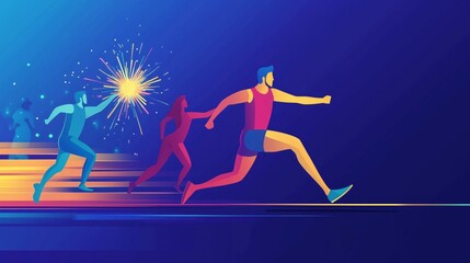 Fototapeta premium Running Man Crosses Finish Line. People Meet Firework Man at Finish. From Poverty to Wealth. Achive Goal. Vector Illustration. Way to Victory. Financial Stability. Business Plan Save Money.
