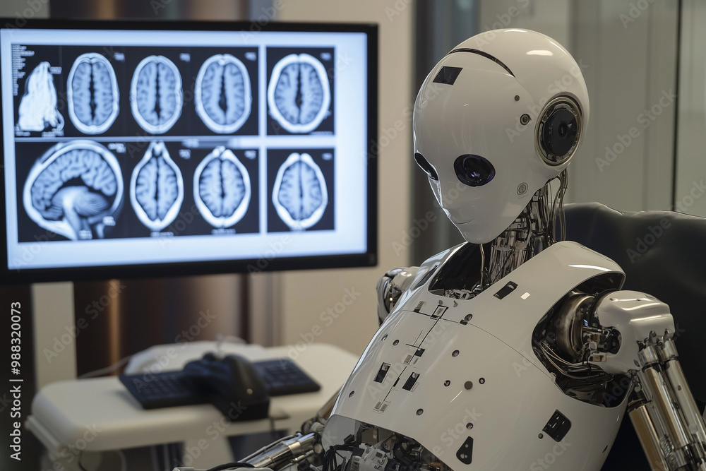 Aufkleber robot is looking at a computer monitor with a brain scan on it. the robot is wearing a white suit an