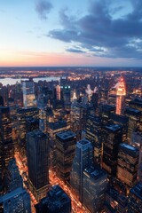 A breathtaking aerial view of a vibrant city at twilight, showcasing dazzling lights and skyscrapers beneath a colorful sky.