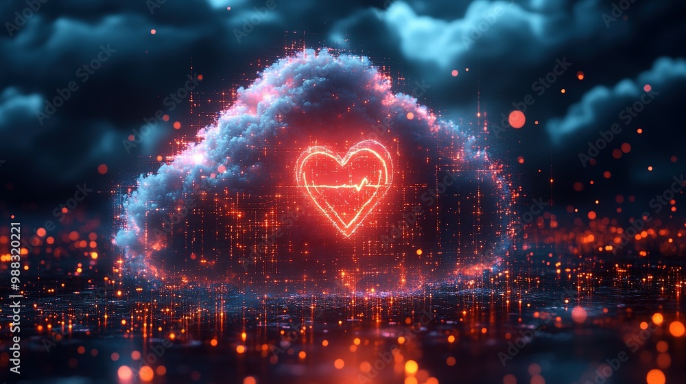 Poster a glowing heart shape emerging from a cloud with a digital grid and bokeh lights