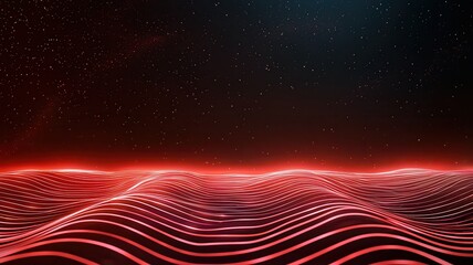 A digital landscape featuring flowing red waves against a dark background, evoking a futuristic, tech-inspired vibe with star-like elements above.