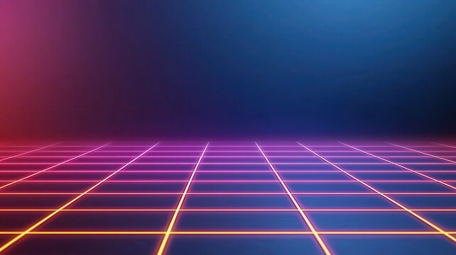 A vibrant, retro-inspired grid landscape with glowing lines against a blue and pink background, evoking a nostalgic digital aesthetic. - Powered by Adobe