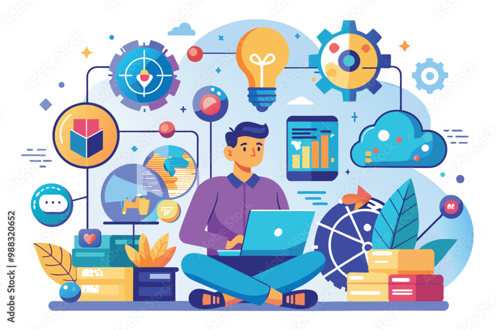 Poster a person engages with a laptop, exploring digital transformation tools and analytics in a vibrant, c