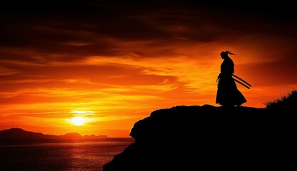 A silhouette of a warrior standing on a cliff against a stunning sunset backdrop.