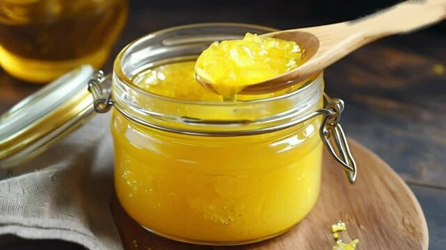 Homemade ghee in jar and wooden spoon . Ghee is purified butter.  HD 4K VIDEO CLIP food, jar, honey, glass, sweet, fruit, healthy, yellow, isolated, orange, fresh, dessert, spoon, jam, white, 