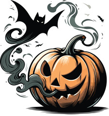 Adobe Illustrator Artwork Halloween pumpkin with smoke and bat
