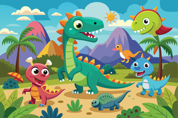 A group of cheerful cartoon dinosaurs interact playfully in a vibrant prehistoric environment filled with palm trees and mountains.