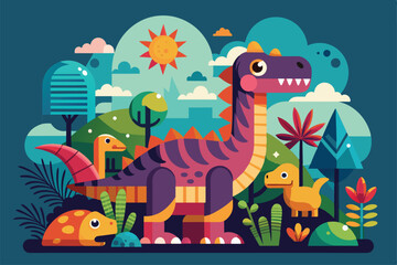 Obraz premium A vibrant illustration features playful dinosaurs amidst colorful plants and trees, set under a cheerful sun in a prehistoric environment.
