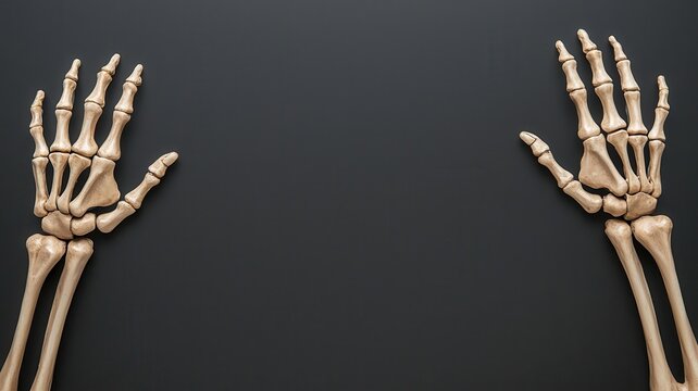 Image of two human skeleton hands arranged symmetrically on a dark background, showcasing detailed bone structure and phalanges.