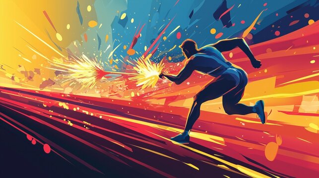 Running Man Crosses Finish Line. People Meet Firework Man at Finish. From Poverty to Wealth. Achive Goal. Vector Illustration. Way to Victory. Financial Stability. Business Plan Save Money.