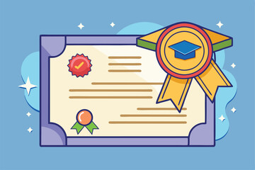 A vibrant diploma certificate template adorned with seals and an award ribbon, symbolizing academic or professional achievements.