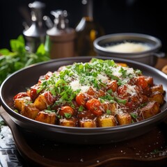 Fototapeta premium Delicious Gnocchi al Pomodoro with Fresh Basil and Tomato Sauce in a 45-Degree View