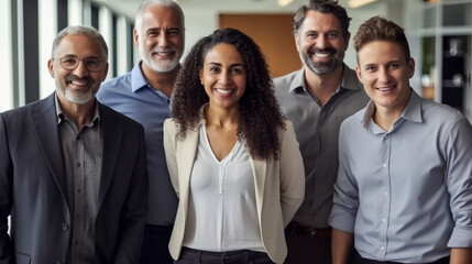 Obraz premium A diverse group of businesspeople stood together in an office, smiling and looking at the camera confidently and positively. 
