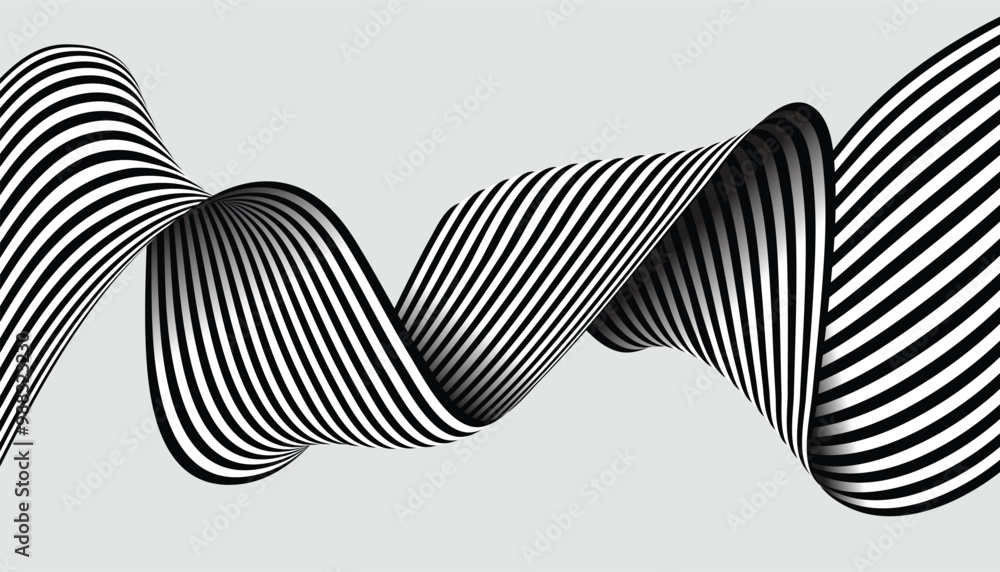 Leinwandbilder black and white curved line stripe. mobious wave abstract background. smoothly bent ribbon geometrical shape. wave line modern striped vector background