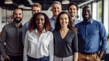 Obraz premium A diverse group of businesspeople stood together in an office, smiling and looking at the camera confidently and positively. 