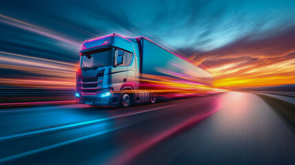 Powerful truck driving at dawn on an empty highway with green fields and a golden sky