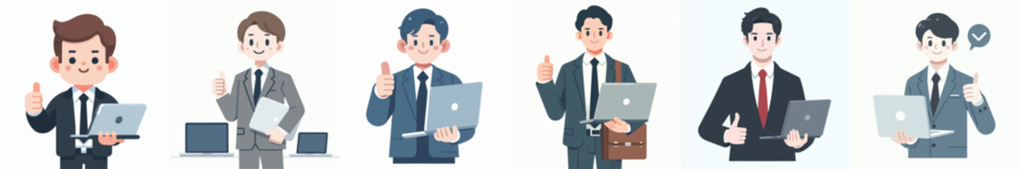 vector set of business people carrying laptops and expressing thumbs up in a simple and minimalist flat design style. plain white background