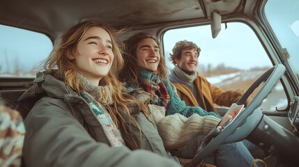 A joyful group of friends on a Sunday road trip, with the wind in their hair, open windows, and music blasting, capturing the excitement, freedom, and adventure vibes of a perfect weekend getaway.
