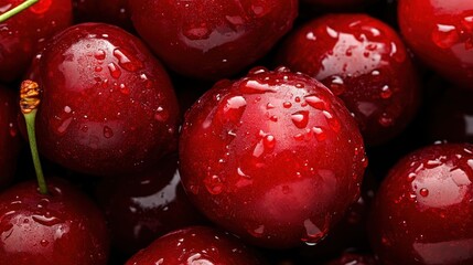 Fresh Juicy Red Cherries with Water Droplets - Close-Up Shot of Ripe Summer Fruits