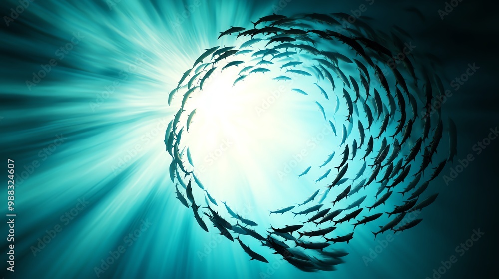 Poster a massive shoal of fish swirling together in an underwater vortex, creating a mesmerizing pattern, w