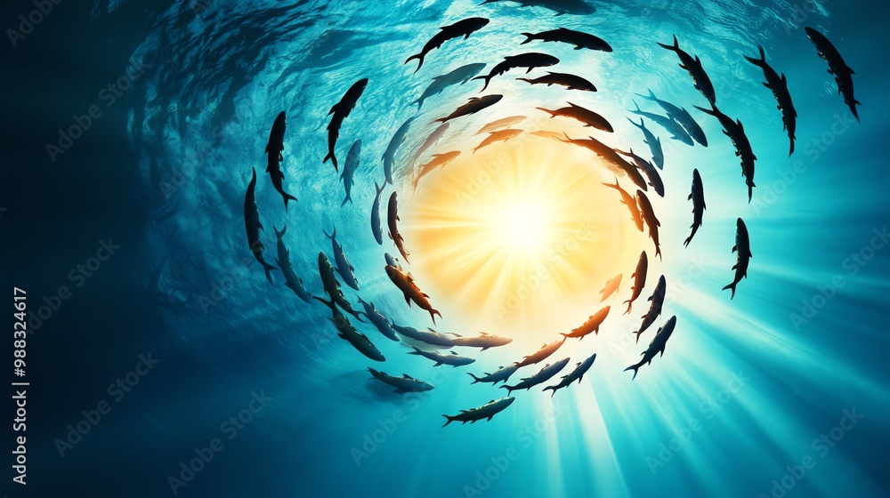 Poster a massive shoal of fish swirling together in an underwater vortex, creating a mesmerizing pattern, w