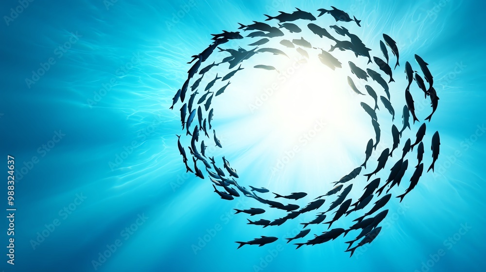 Poster a massive shoal of fish swirling together in an underwater vortex, creating a mesmerizing pattern, w