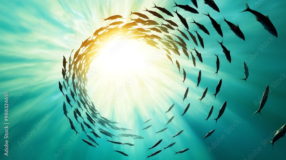 Poster a massive shoal of fish swirling together in an underwater vortex, creating a mesmerizing pattern, w