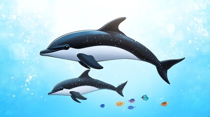 A mother and calf dusky dolphin swimming side by side, their smooth bodies darting through the water as colorful fish swim below.