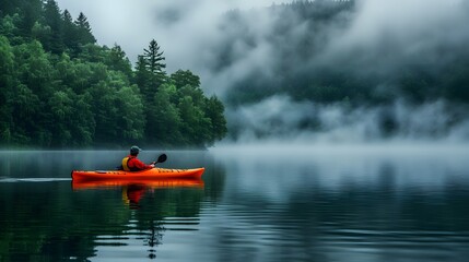 Fototapeta premium A tranquil Sunday morning by the lake, mist rising from the water as a person peacefully kayaks through the calm waters, embodying the harmony of nature and quiet reflection. 