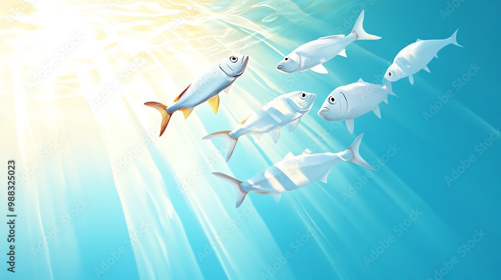Poster a school of silver fish swimming in perfect harmony, creating hypnotic patterns in the water, with s