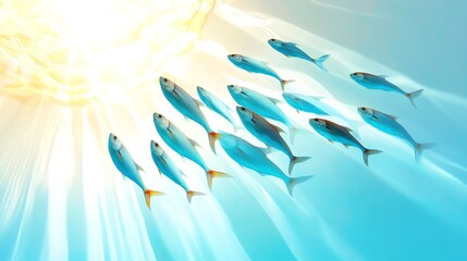 Obraz premium A school of silver fish swimming in perfect harmony, creating hypnotic patterns in the water, with soft rays of light filtering through.