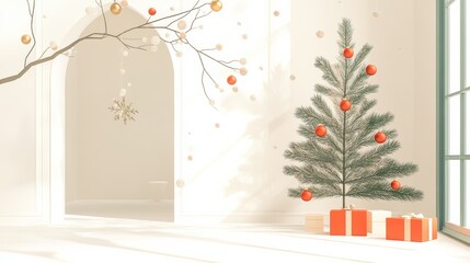 Abstract christmas background. pastel cartoon flat design. minimalist color. christmas tree decorate with ball, red and gold gift box