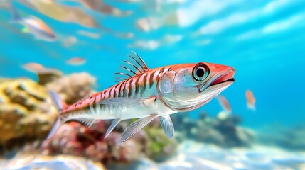 Fototapeta premium A stunning underwater shot of a barracuda swimming among other fish, the clear water revealing vibrant coral and marine life below.