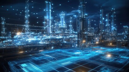 Futuristic Industrial Complex with Digital Overlay and Advanced Technology in a Night Setting