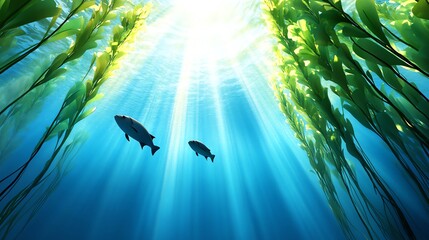 A vast ocean ecosystem with kelp forests swaying in the currents, fish darting among the tall strands, and marine creatures thriving in the underwater habitat.