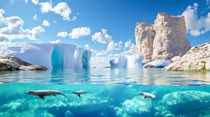 An Arctic marine ecosystem with icebergs floating above and seals swimming below, fish and other marine creatures navigating the cold, clear waters..--ar 16:9