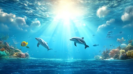 Fototapeta premium An ocean ecosystem with dolphins hunting in packs, schools of fish swimming in harmony, and sharks patrolling the deep waters, highlighting the balance of marine life.