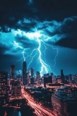 Dramatic Lightning Storm Over Modern City Skyline at Night with Vibrant Blue Sky and Illuminated Buildings