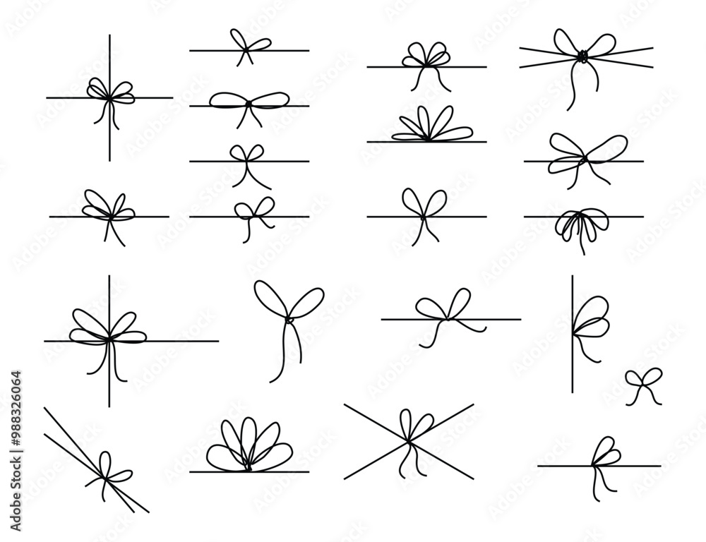 Aufkleber line bows on ribbon. bow on string set for box and decoration design. simple outline bowknot