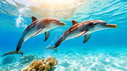 Obraz premium Pantropical spotted dolphins swimming in tropical waters, their playful behavior on full display as they leap and dive among coral reefs.