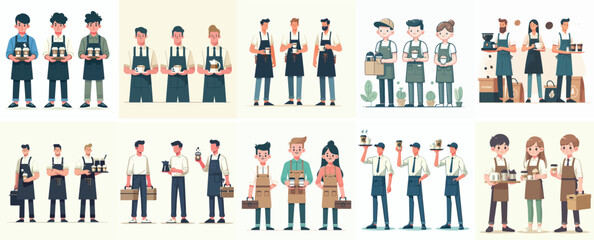 vector full body barista set with a simple and minimalist flat design style. white background