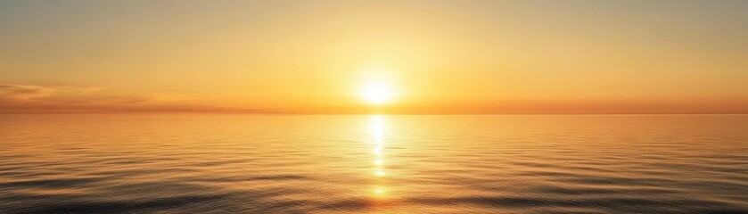 Stunning Golden Sunset Over Calm Ocean Waters with Clear Sky and Gentle Waves