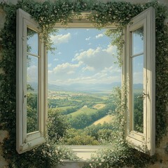 A serene view through an open window adorned with green vines, showcasing a picturesque landscape of rolling hills and blue skies.
