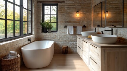 A Scandinavian-inspired bathroom with natural stone walls, soft lighting, and light wood cabinetry. The clean, modern design and natural textures create a fresh and airy space,