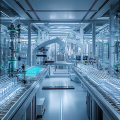 Obraz premium Futuristic laboratory with advanced robotic arms and illuminated glass equipment, showcasing modern technology and precision.