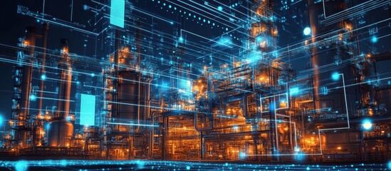 Futuristic Industrial Factory with Digital Data Overlay and Advanced Technology at Night